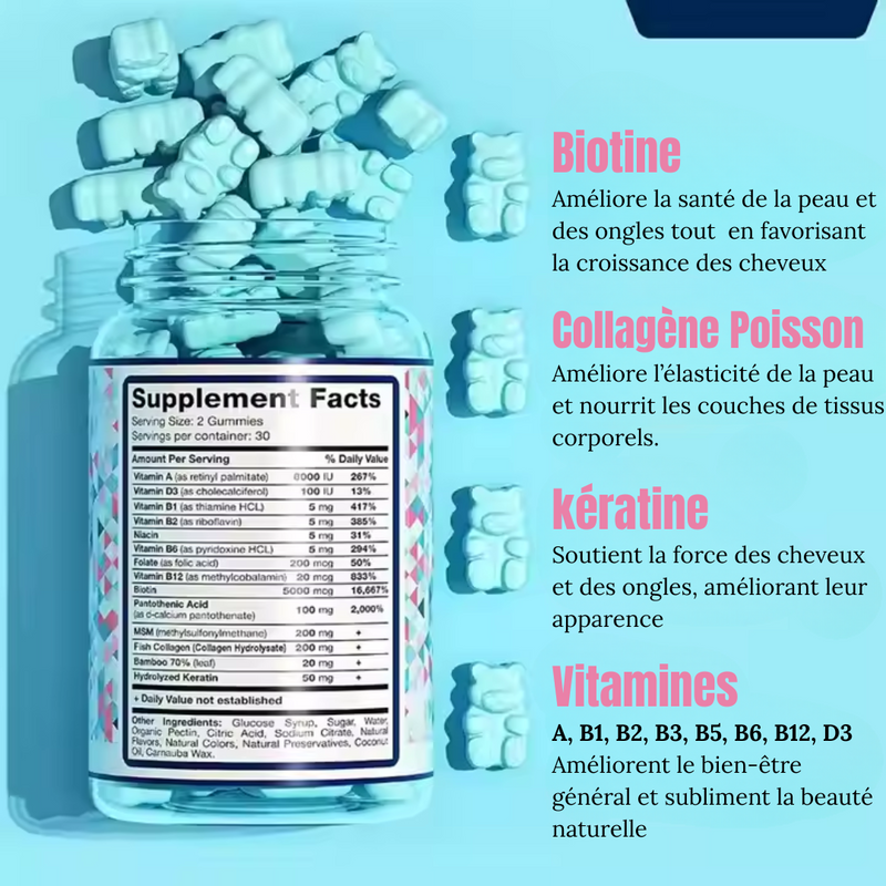 GUMMIES BEAUTÉ 3-en-1 – BIOTINE + COLLAGÈNE + KÉRATINE